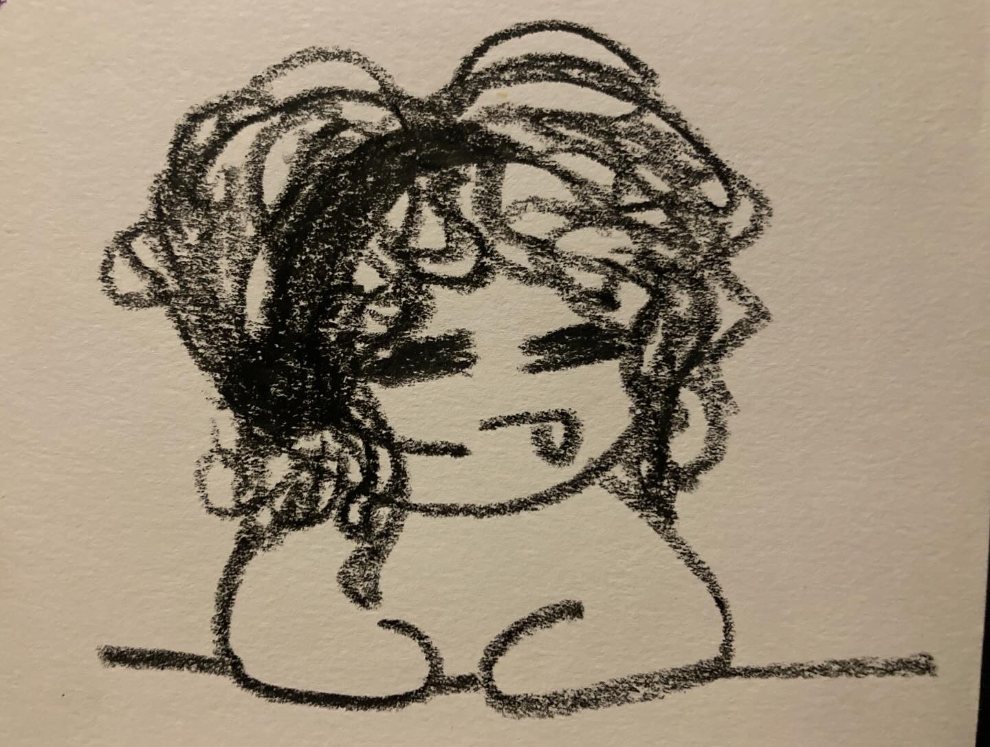 Crayon art of Timi with headphones on, sticking tongue out